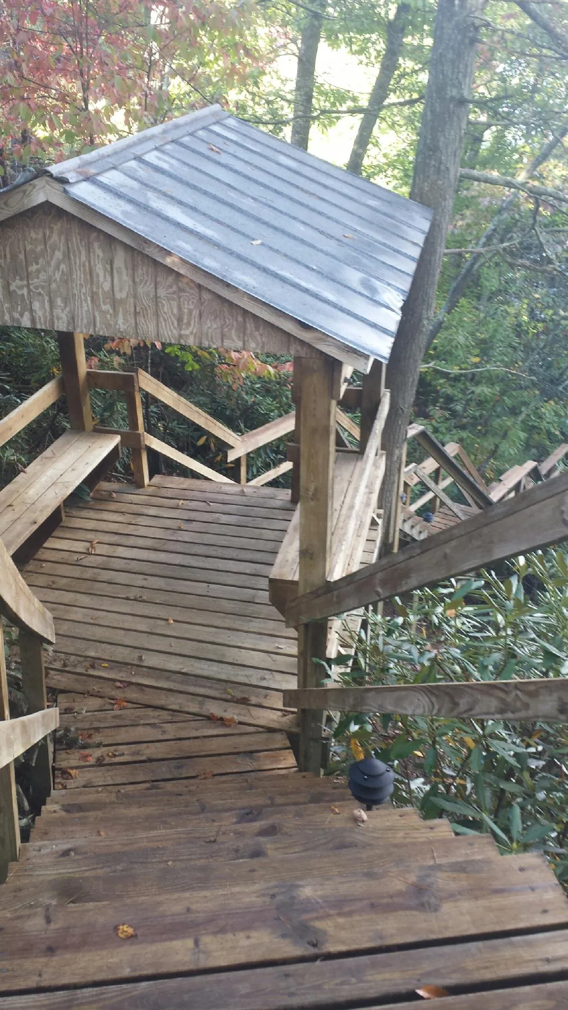 Metal roofed shelter over wooden steps on a wooded walkway — Skylight Repair & Installation work by our crew in California